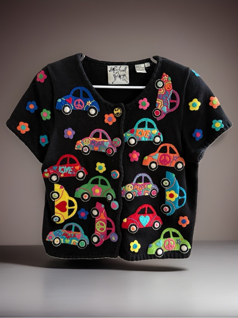 Vintage Michael Simon 1997 Beetle Car Cardigan Sweater Medium Hippie Art
